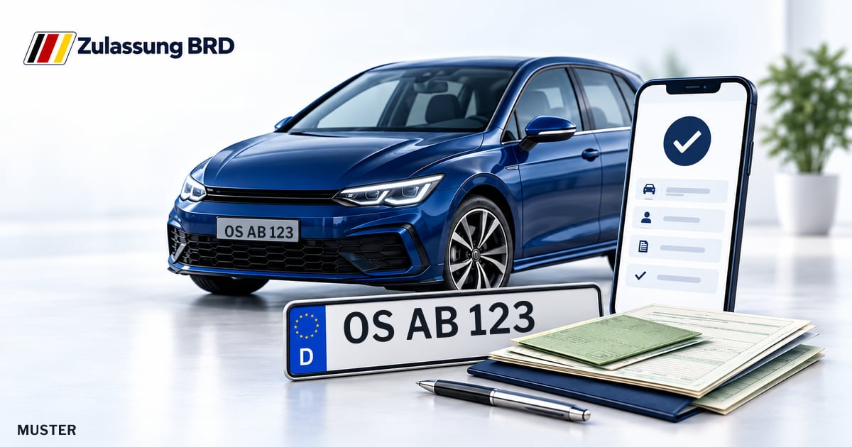 Online Fahrzeugzulassung in Hagen am Teutoburger Wald: Musterkennzeichen OS AB 123, Auto und Fahrzeugpapiere und Smartphone. Illustration mit Logo von Zulassung BRD.